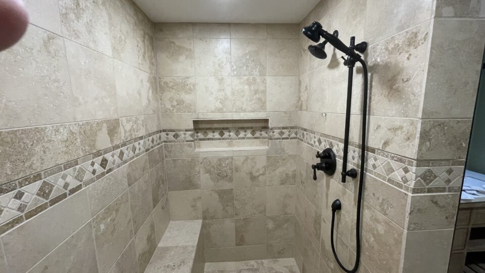 Shower with fixtures installed.